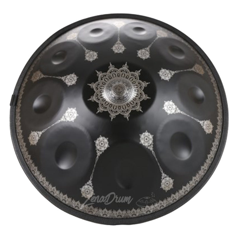 Circular D Minor Kurd Handpan Drum with ornate silver mandala patterns