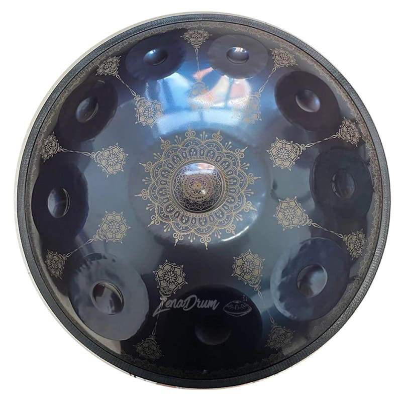 D Minor Kurd Handpan Drum with blue-tinted mandala design for sale