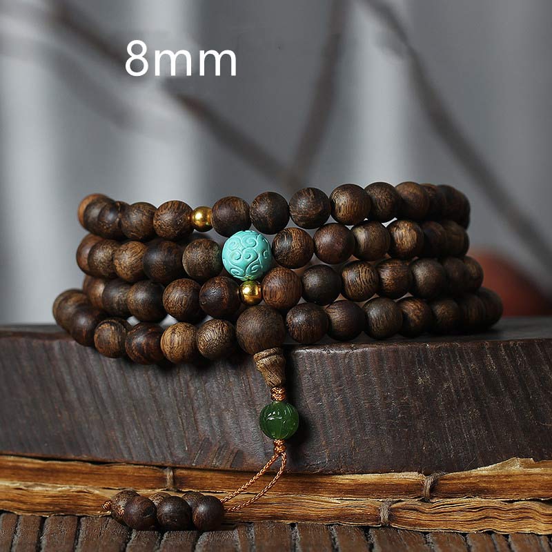 108 Wood Mala Beads Agarwood Turquoise Bracelet for Meditation