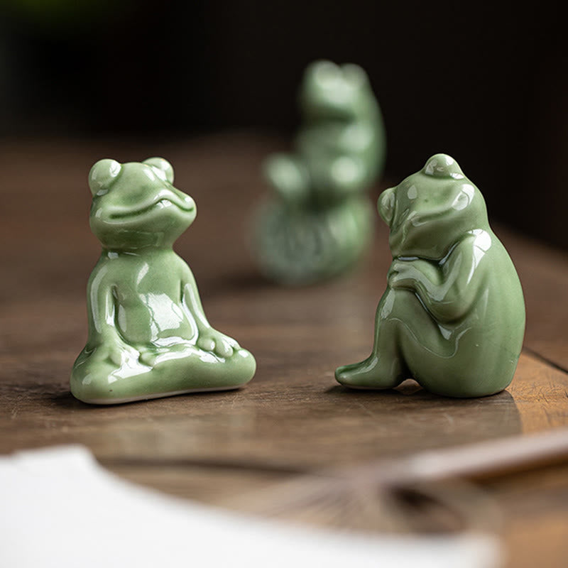 Mini Ceramic Meditation Frog Figurine for Luck & Wealth