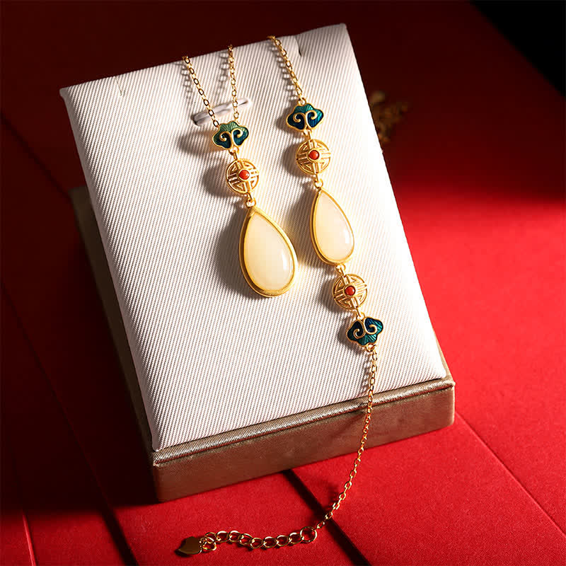 925 Sterling Silver White Jade Water Drop Bracelet Necklace