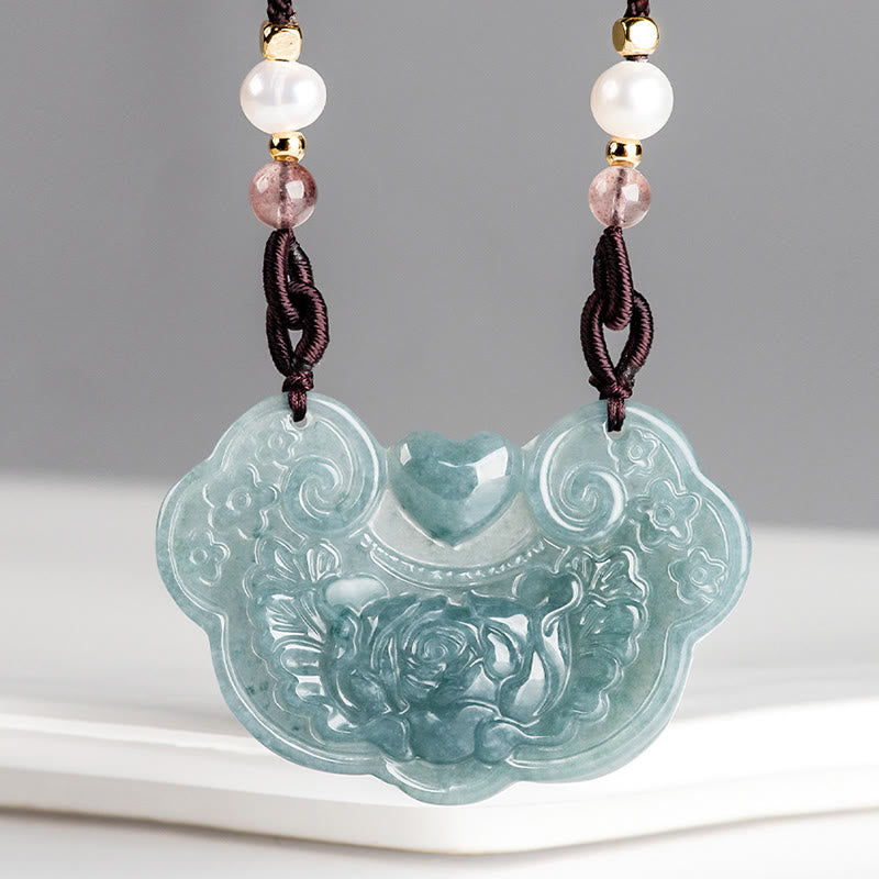 Natural Jade Peony Flower Prosperity Necklace Pendant 32.5mm