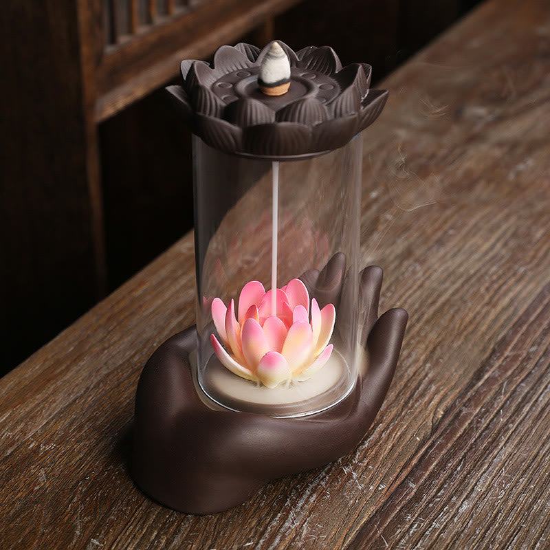 Purple Clay Buddha Hand Lotus Enlightenment LED Light Incense Burner