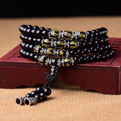 6mm Black Obsidian Protection Bracelet with Six True Words Charm