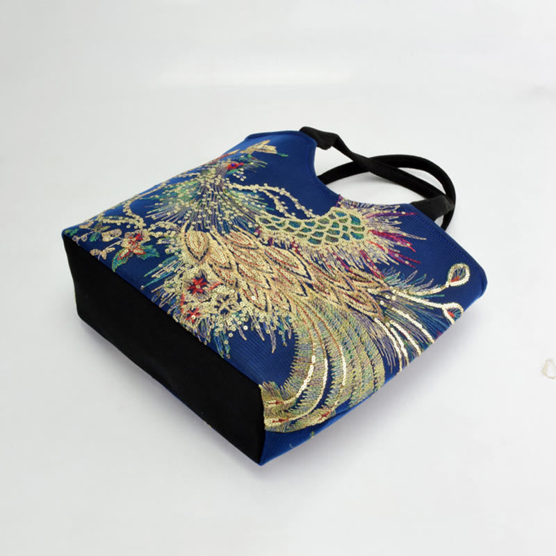 Peacock Embroidered Tote Bag | Canvas Shoulder Crossbody