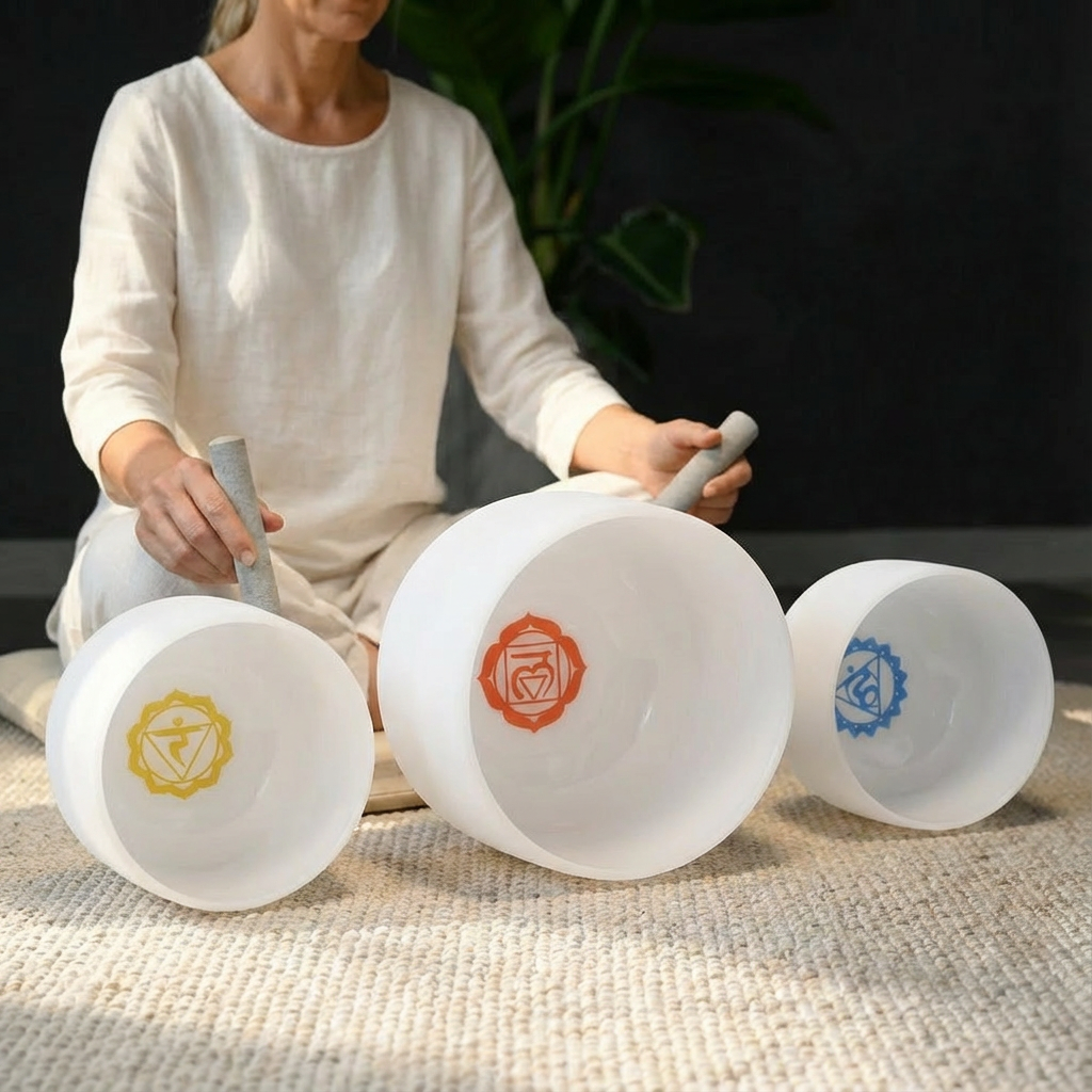 Chakra Symbol 3 PCS 8"G 10"E 12"C Crystal Singing Bowl Set