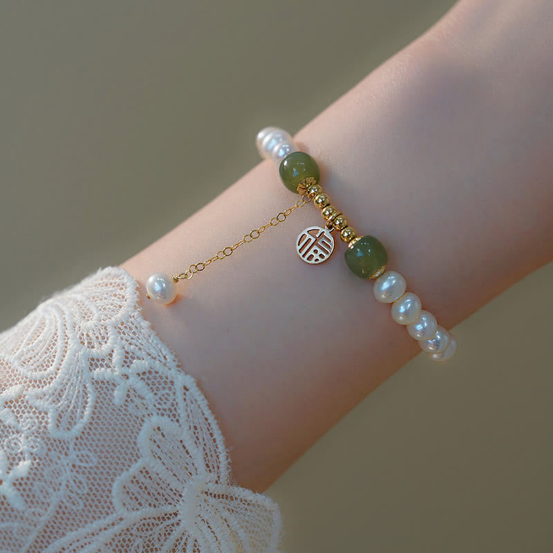 Hetian Jade Pearl Bead Bracelet for Happiness & Wisdom