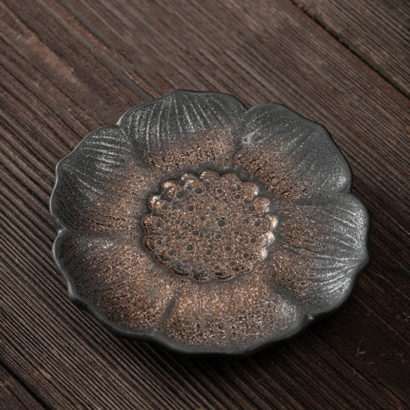 Vintage Lotus Flower Ceramic Tea Mat 9.8cm Brown | Zen Decor