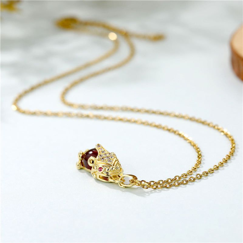 Pixiu Necklace with Natural Garnet, Agate & Jade for Wealth