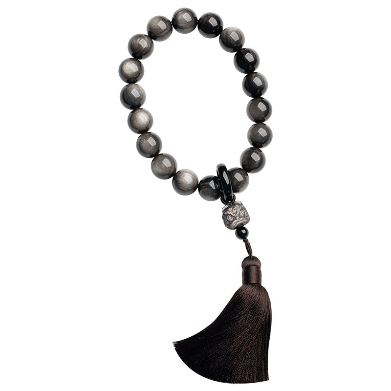 16mm Silver Sheen Obsidian Lion Wrist Mala for Protection & Wisdom