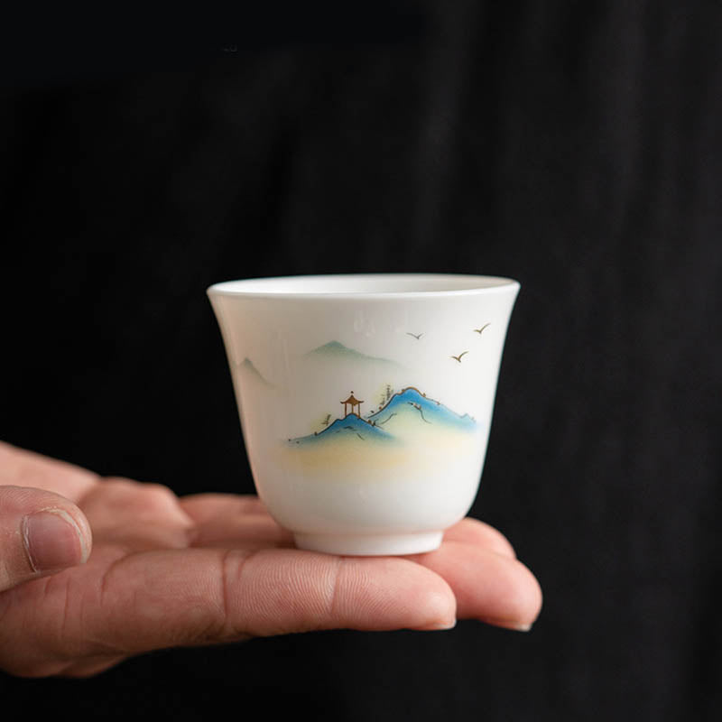 Zen Ceramic Teacup with Lotus Flower and Mountain Design 100ml