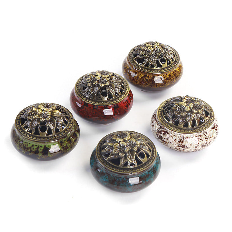 Flower Pattern Ceramic Incense Burner for Meditation & Blessing