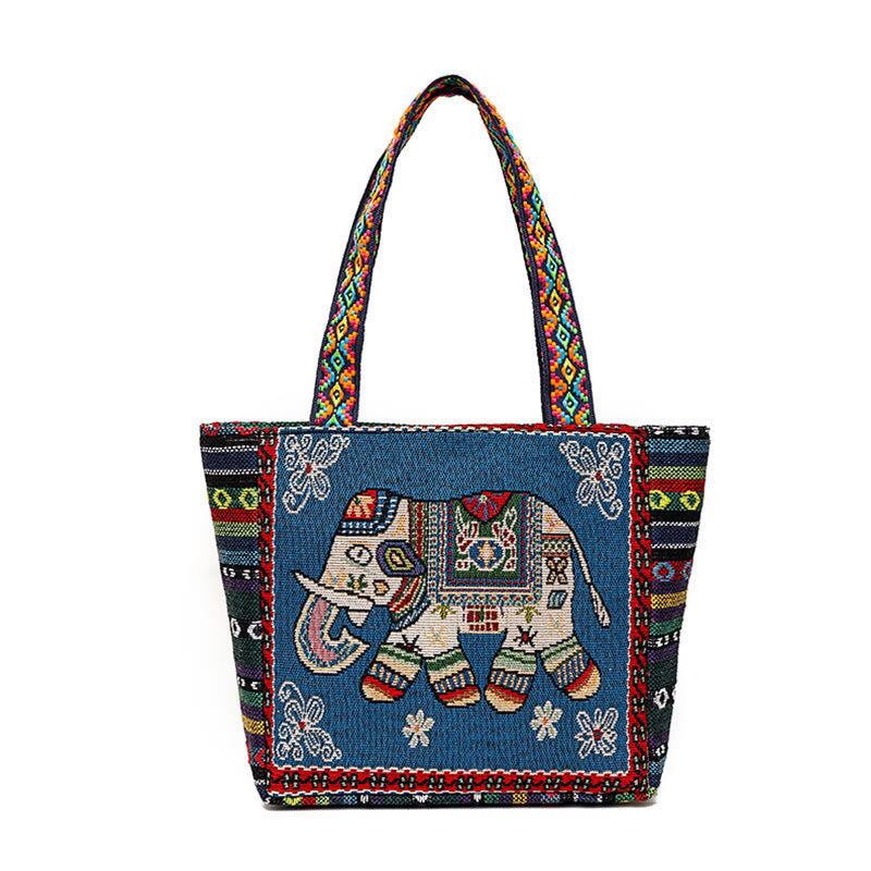 Large Canvas Tote Bag with Elephant Butterfly Embroidery - Spiritual Charm