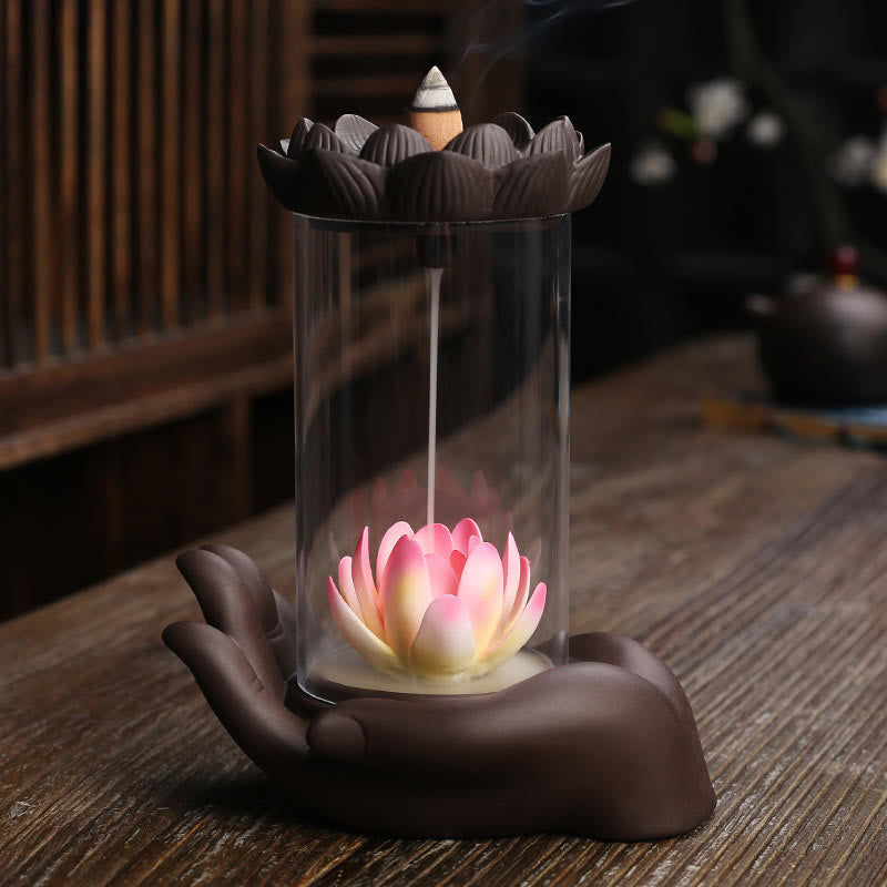 Purple Clay Buddha Hand Lotus Enlightenment LED Light Incense Burner