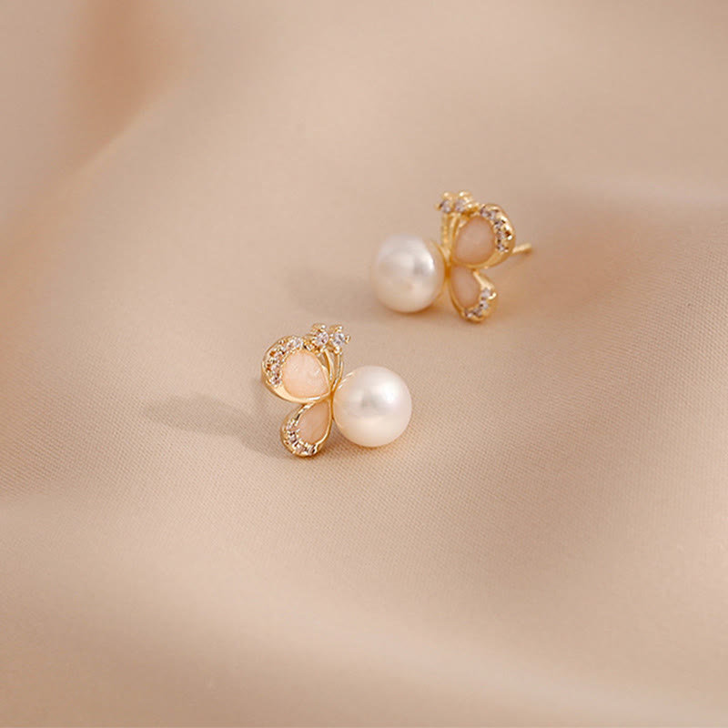 18K Gold Pearl Butterfly Love Freedom Stud Earrings