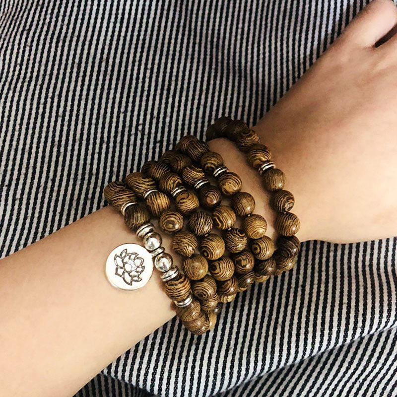 Handmade Lightning Strike Wood Wood Mala Bracelet with Lotus Buddha Symbol