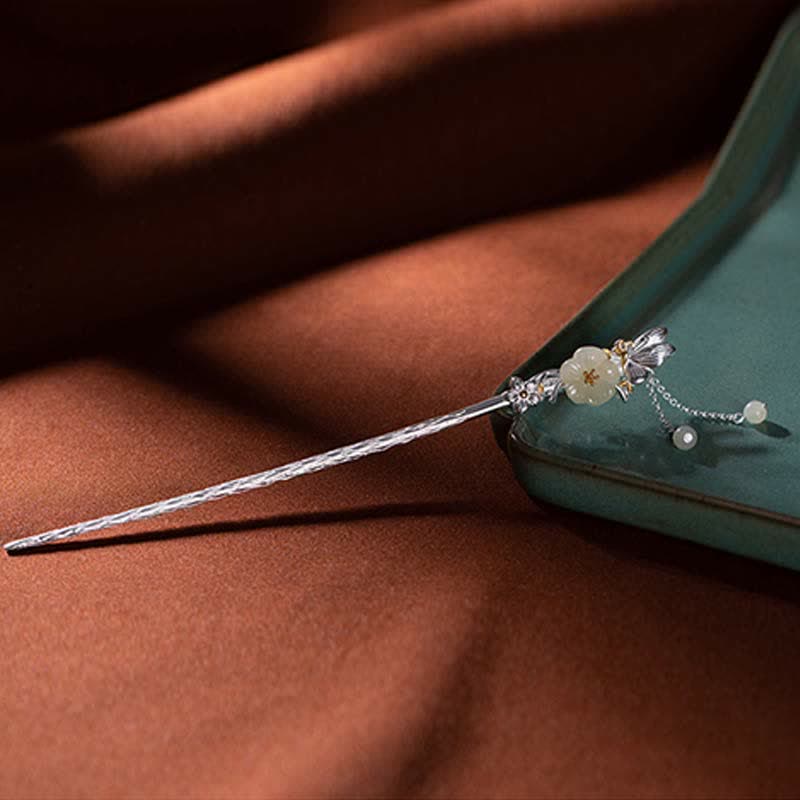 925 Sterling Silver Hetian White Jade Flower Blessing Chinese Hairpin