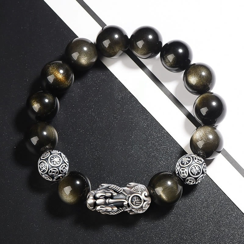 10mm Gold Sheen Obsidian Pixiu Bracelet for Wealth Protection