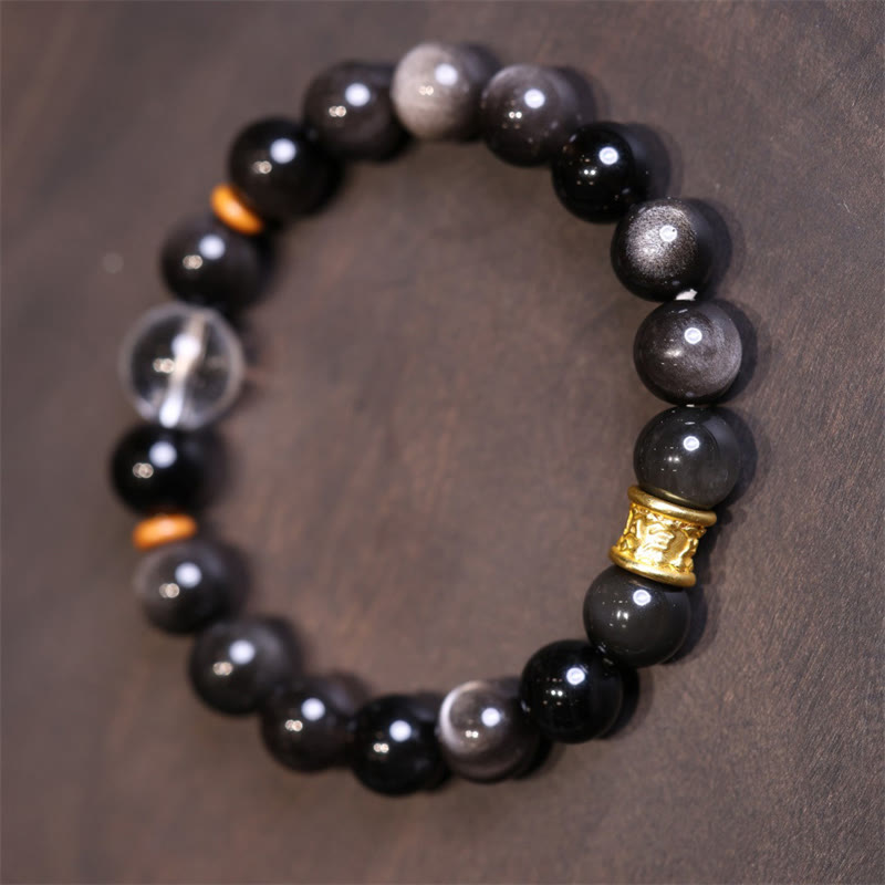 Unisex Silver Sheen Obsidian Om Mani Padme Protection Bracelet