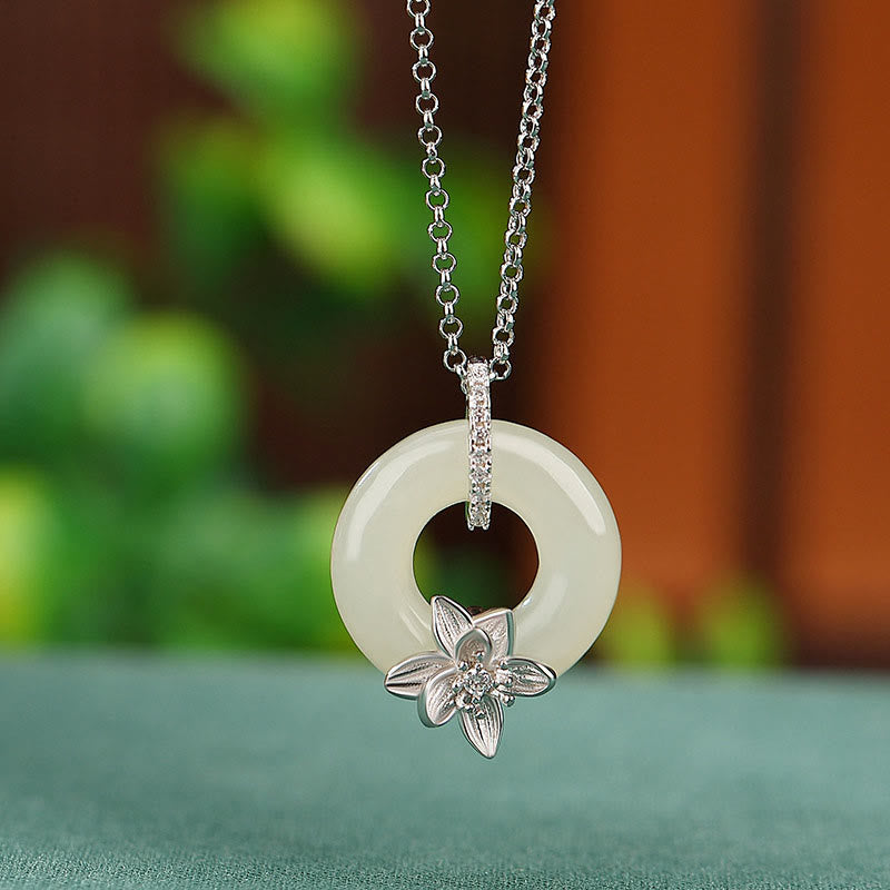 925 Sterling Silver Hetian Jade Peace Buckle Flower Luck Necklace