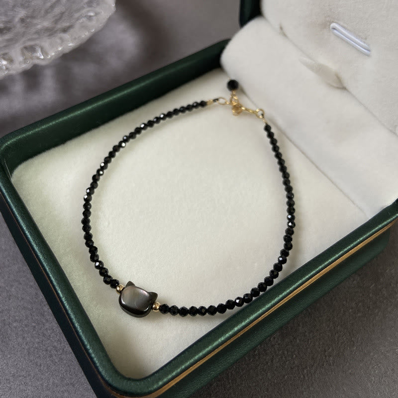 Clear Quartz Bracelet with White Crystal & 14K Gold Plated Healing Cat Charm