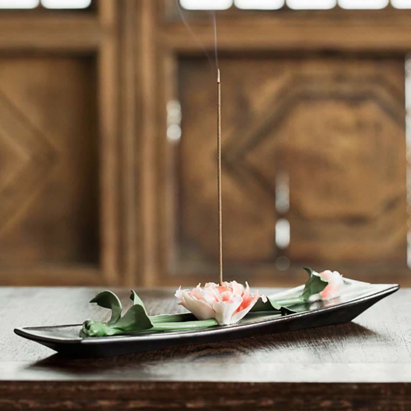 Ceramic Lotus Peony Rose Incense Burner 26cm Spiritual