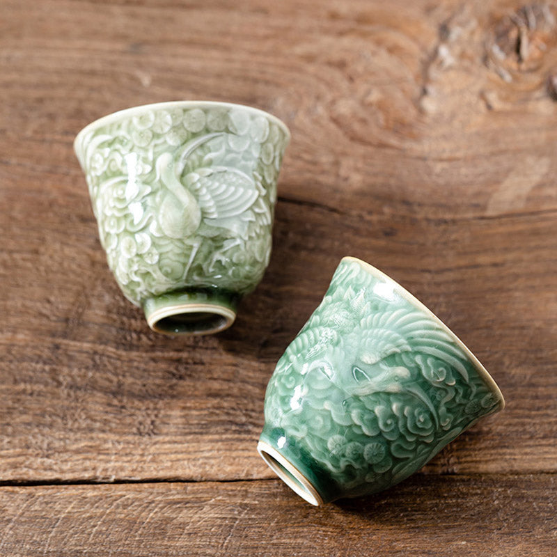 Ceramic Crane Pine Teacup 80ml | Zen Decor Cup