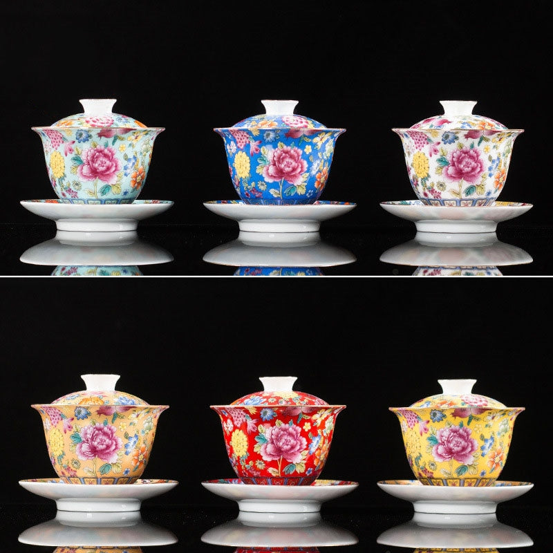 Peony Ceramic Gaiwan Sancai Teacup 9.5cm Meditation