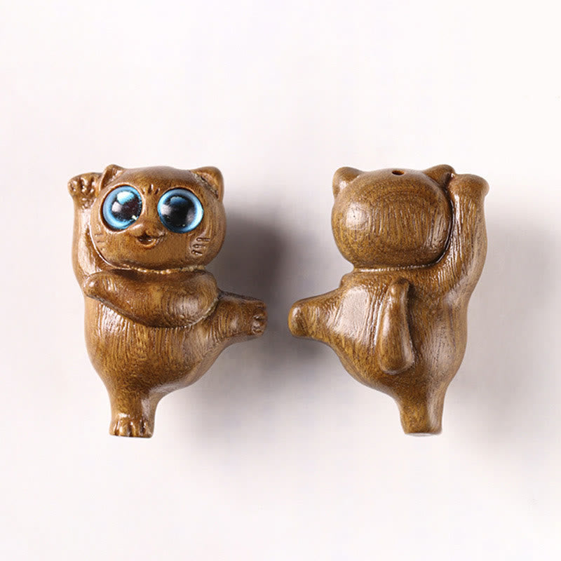 Green Sandalwood Dancing Cat Figurine 3.7cm Positive Energy
