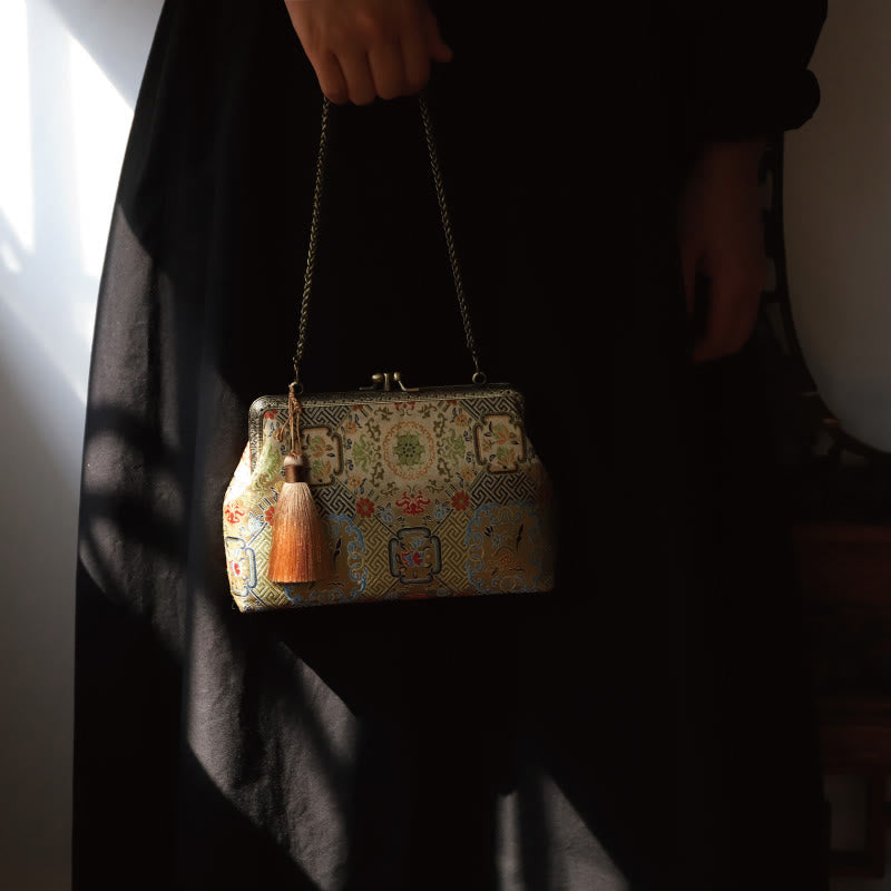 Vintage Geometry Flowers Crossbody Bag with Metal Chain