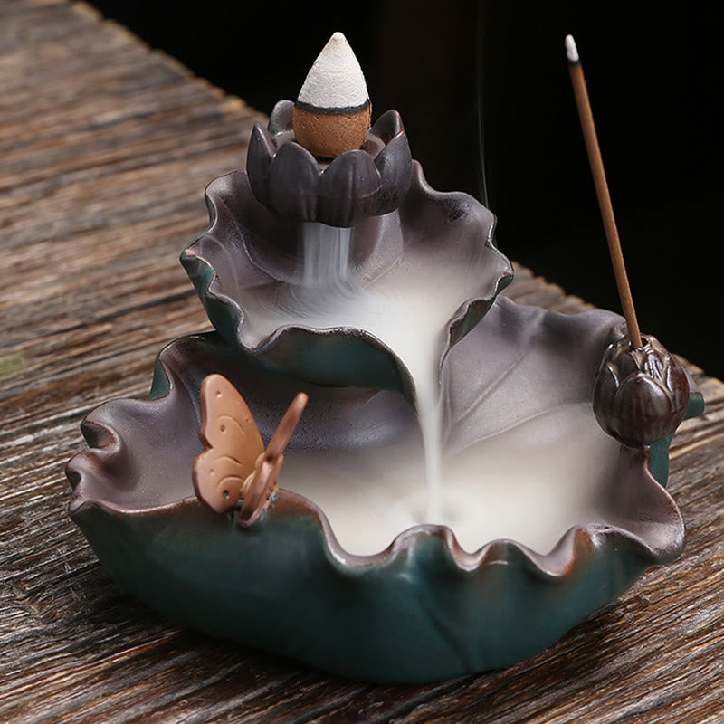 Ceramic Incense Burner Lotus Flower Frog Butterfly Decor