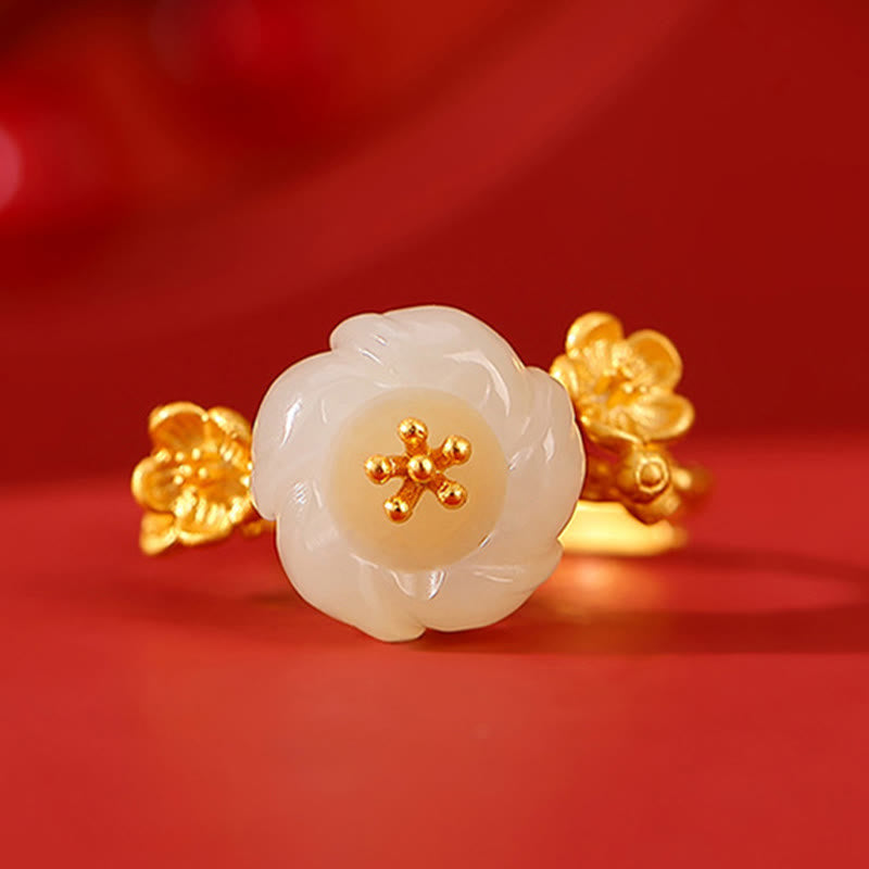 Hetian Jade Plum Blossom Luck Necklace Bracelet Ring Set