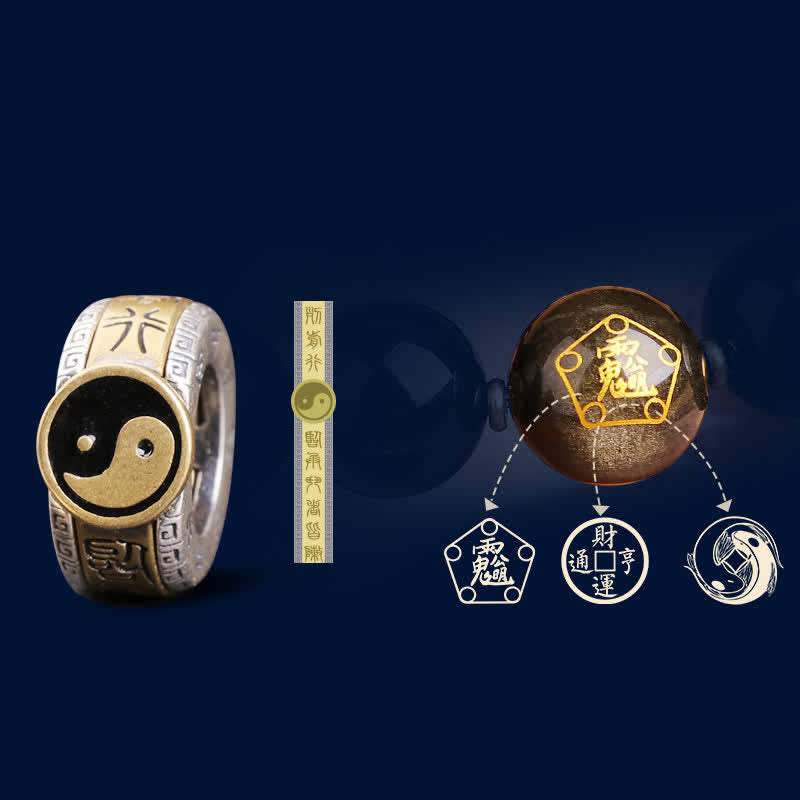 10mm Yin Yang Obsidian Protection Bracelet Sterling Silver