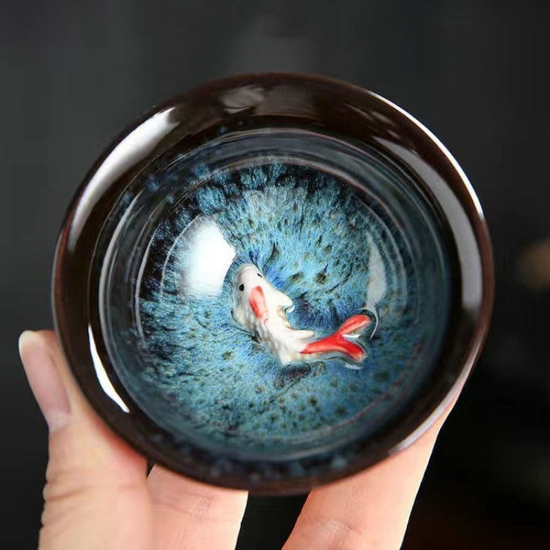 Small Koi Fish Blue Kiln Change Chinese Jianzhan Ceramic Tea Cup 75ml