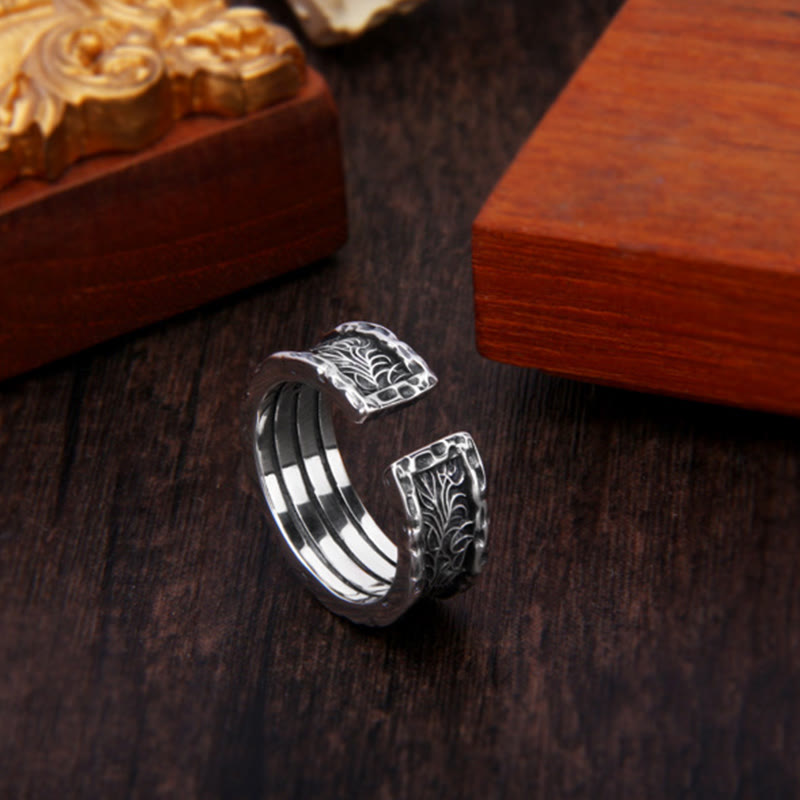 925 Sterling Silver Tang Dynasty Flower Luck Adjustable Ring