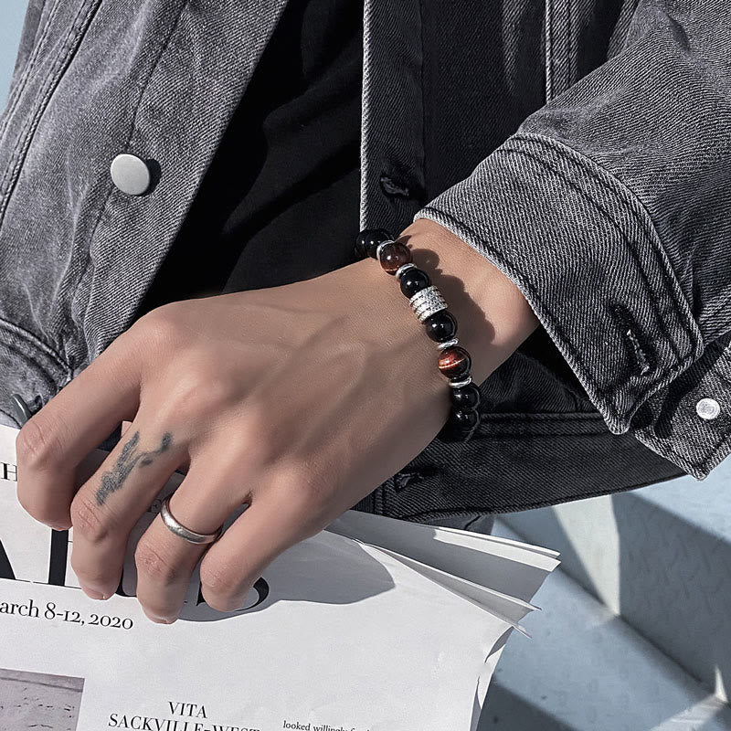 Obsidian Bracelet 10mm with Tiger Eye for Strength & Balance