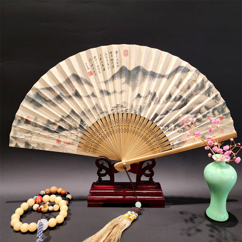 22cm Folding Fan with Panoramic Rivers and Mountains Design