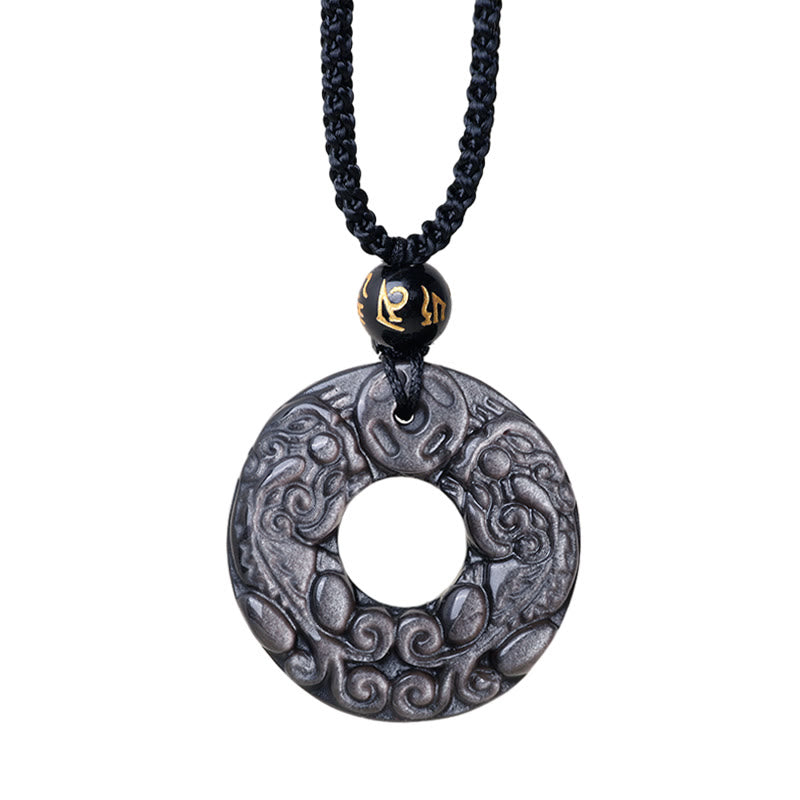 Silver Sheen Obsidian Double PiXiu Protection Necklace Pendant