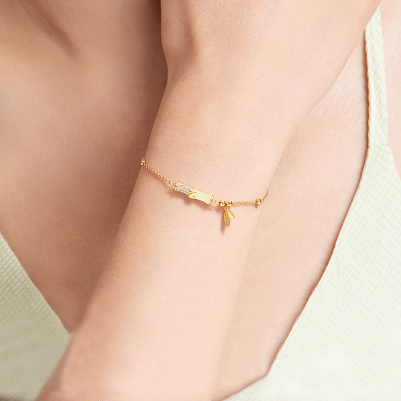 White Jade Protection Bracelet with 18K Gold Plated Silver Bamboo Leaf