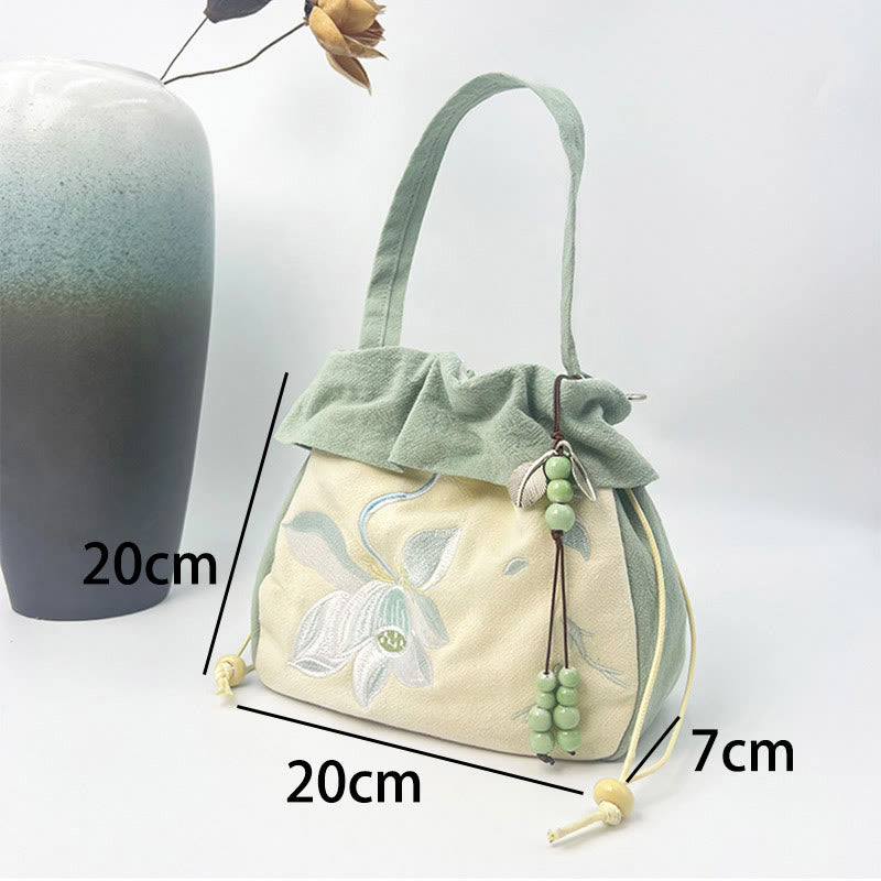 Cotton Linen Tote Bag with Spiritual Lotus Embroidery 20cm