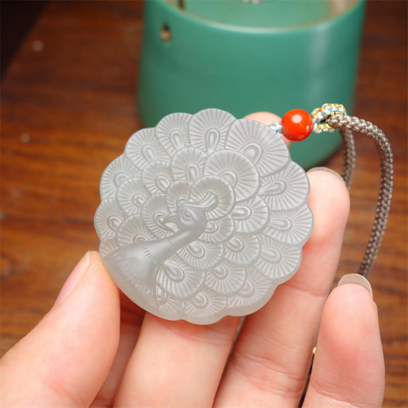 White Jade Peacock Protection Necklace Blessing Pendant