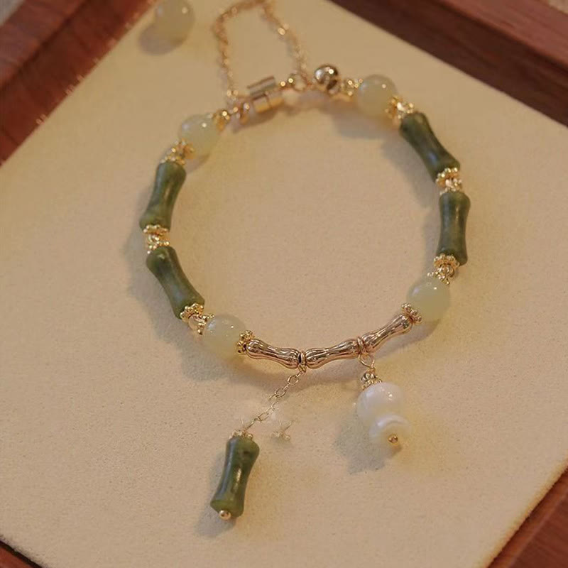 Jade Bracelet with Bamboo Leaf and Lily Pattern for Luck & Abundance