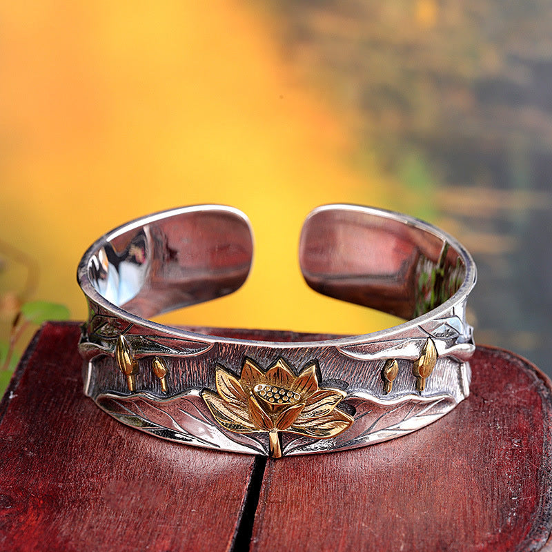 Lotus Flower Calm Bracelet in 925 Sterling Silver Adjustable
