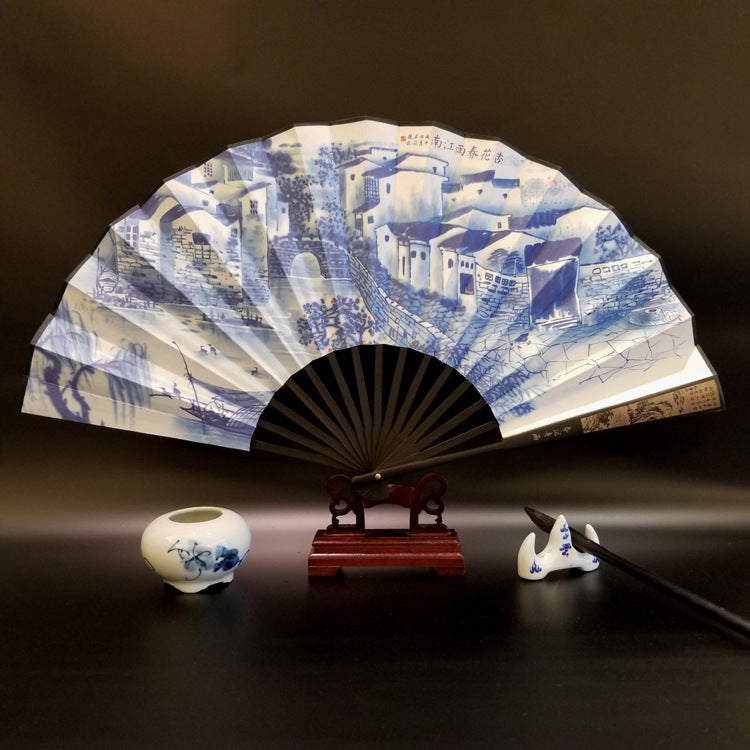 33.5cm Chinese Bamboo Folding Fan with Great Wall Pattern