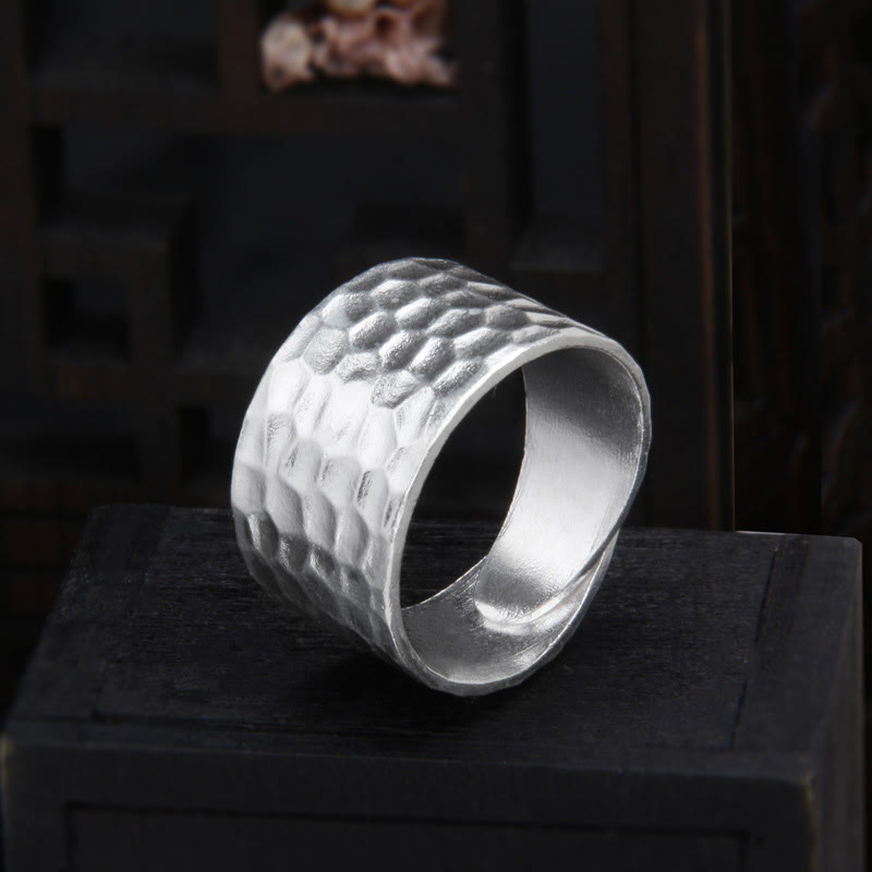 Handmade 990 Sterling Silver Spiritual Ring with Hammered Pattern
