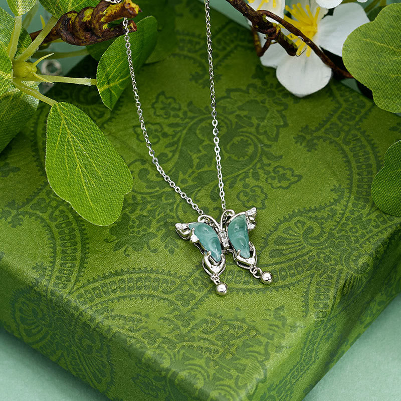 925 Sterling Silver Green Jade Butterfly Luck Necklace