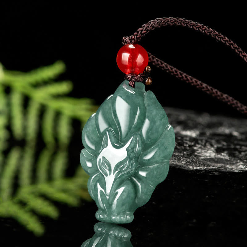 Green Jade Nine Tailed Fox Luck Necklace Pendant