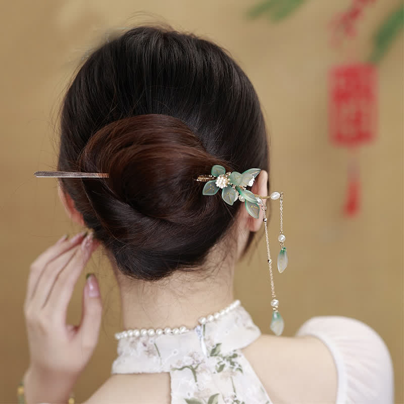 Pearl Flower Leaf Tassel Hairpin for Calm & Wealth