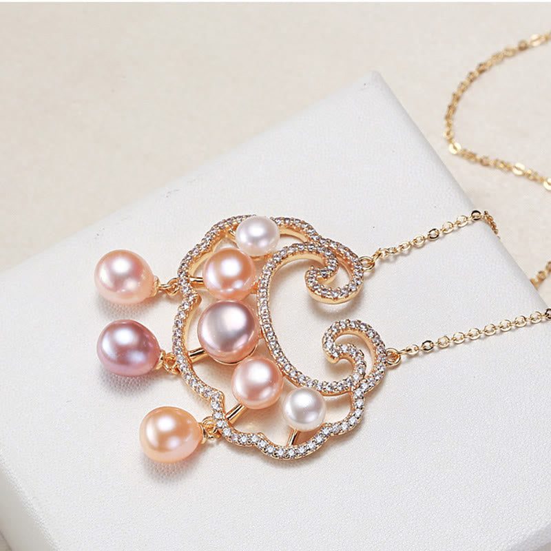 18K Gold Plated Pearl Necklace with Chinese Lock Charm for Sincerity