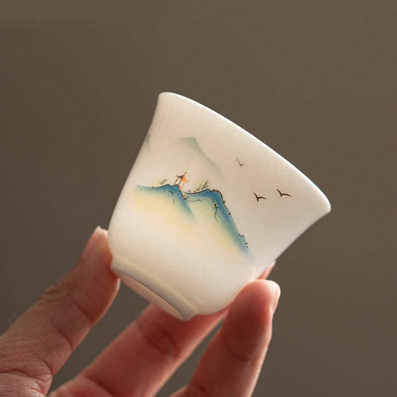 Zen Ceramic Teacup with Lotus Flower and Mountain Design 100ml